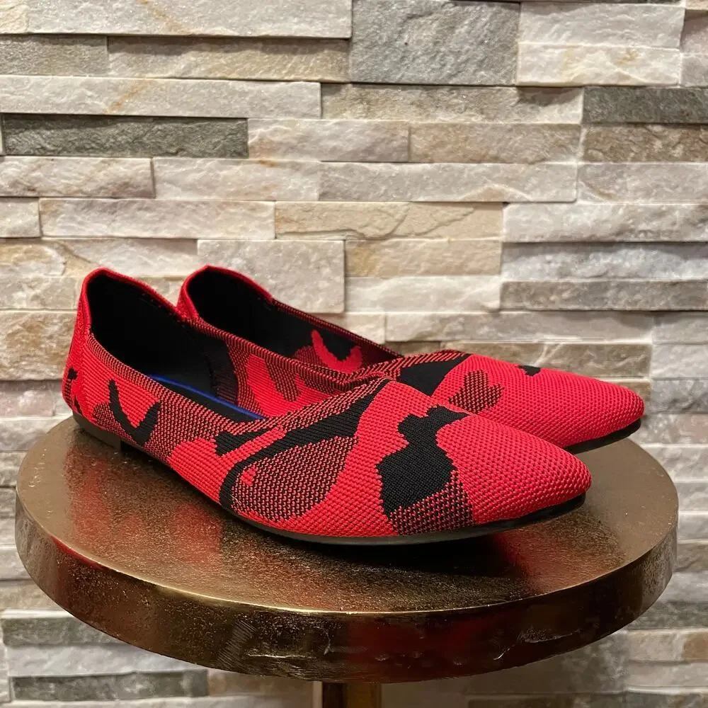 BABUDOG Red Camo Knit Travel Flats EU 40 | Foldable Point Toe Lightweight Shoes